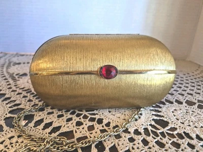 ROMA Vintage Gold Tone Brushed Metal w/Unique Faux Red Gemstone Clasp Purse - Image 1 of 4