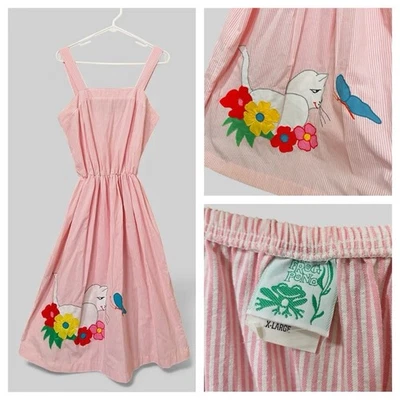 De Colección Pinup Solero Gato Gatito Mariposa Rosa Rayas Floral Coqueta Años 70 M/L Foto 1 de 4