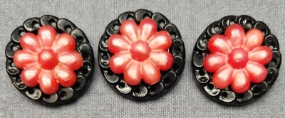 Set 3 Vintage Black Pink Flower Daisy Buttons Fancy Plastic Celluloid Self Shank - Image 1 of 4
