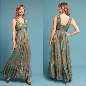 Maxi abito nuovo con etichette Anthropologie Ranna Gill con perline taglia:6 paillettes paisley fata boho - Foto 1 di 18