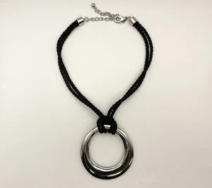 Chico’s Silver Tone Circle Pendant Necklace Black Cord Statement Big Round - Picture 1 of 7
