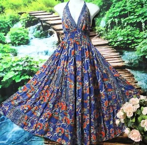 BOHO PRETTY ART SILK FLORAL PRINT TIERED MAXI HALTER DRESS fits 10 - 16 last 1 - Picture 1 of 5