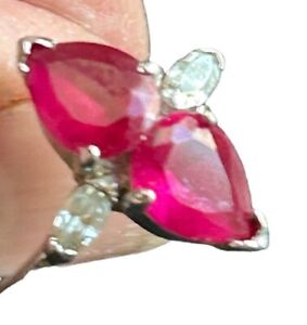 Vintage Ring Double Ruby Hearts W/Clear Crystals Silver Electroplate 18 KCE Sz 6