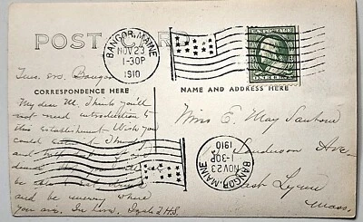 Antigua postal Franklin 1-c de colección de EE. UU., 23-11-1910, Maine a masa, Sc #352 Foto 1 de 4