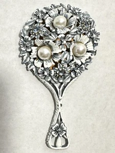Vintage Miniature Hand Mirror 4 1/2” Rhinestones Faux Pearls White Washed Metal - Picture 1 of 6