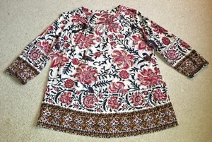 Womens Top-LUCKY BRAND-beige/red floral rayon knit BOHO peasant Cottagecore-L - Picture 1 of 4