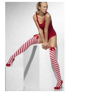 Erwachsene blickdicht gestreift halterlose Strümpfe mit Schleifen Weihnachten Kostüm Party Accessoire - Bild 1 von 3