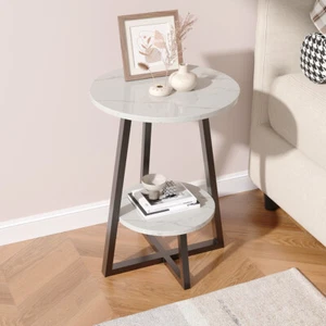 2 Tier Coffee Table White Sofa Side Table Round End Table for Living Room Modern - Picture 1 of 10