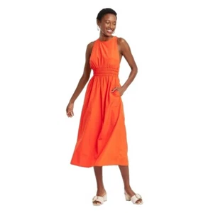 A New Day Coral Red Cross Back Strap Poplin Midi Summer Dress -- Women's Size XS - Picture 1 of 5