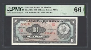 Mexico 10 Pesos 1963 P58j Uncirculated Grade 66 - Picture 1 of 2