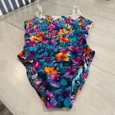 Jantzen Bathing Suit Women’s 14 One Piece Swimsuit 80’s 90’s Vibrant Floral ￼￼ - Image 1 of 4