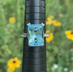 Ladies Blue 14mm Sim Topaz Ring Silver Radiant Cut 10 CZ Accents Size 8.5 - Picture 1 of 7