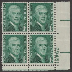US 1278 Thomas Jefferson 1c plate block 4 LR 29451 MNH 1968 - Picture 1 of 1