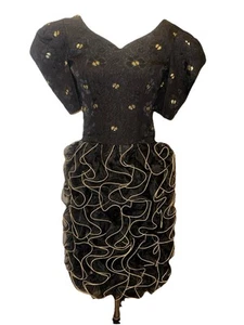 Vintage 1970s Richilene NY Size 4 Black / Gold ruffle dress Union Made - Picture 1 of 23