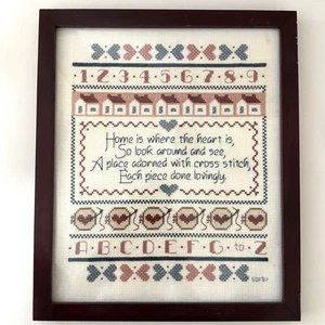 Vintage 1987 Framed Cross Stitch Sampler HOME IS WHERE THE HEART IS... 11X13" - Picture 1 of 9