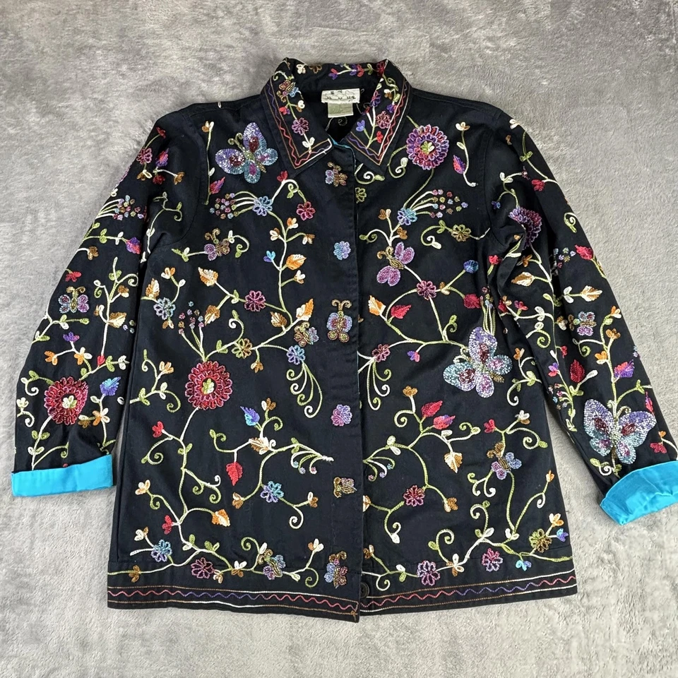 Quacker Factory Jacket Womens Small Black Embroidered Beaded Butterfly Floral - Image 1 of 4