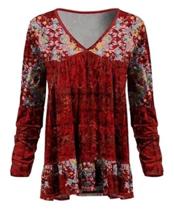 XL Neu mit Etikett Damen Lilie rot & blau Paisley LS V-Ausschnitt Samt Tunika Top - Bild 1 von 2