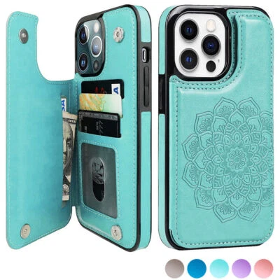 Magnetic Leather Flower Card Wallet Phone Case For iPhone 11 12 13 14 15 16 16E - Image 1 of 4
