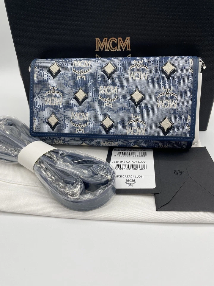 MCM Veritas Blue Jacquard Bag Wallet On A Chain CrossBody Gift Box