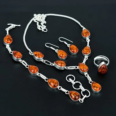 Conjunto de joyas de plata de ley 925 de regalo hecho a mano de piedras preciosas de pera ámbar báltico VJ 1013 Foto 1 de 4