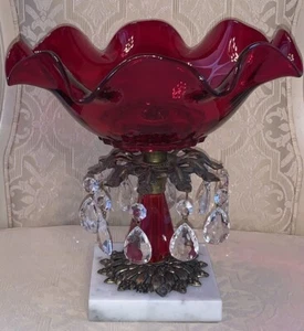 Vintage Hollywood Regency Ruffled Ruby Red Glass Compote Bowl w/Crystal Prisms - Picture 1 of 11