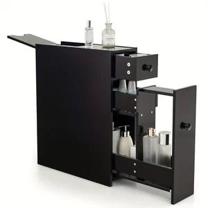Black MDF Bathroom Floor Storage Cabinet Slim Design with Adjustable Shelf - Picture 1 of 5