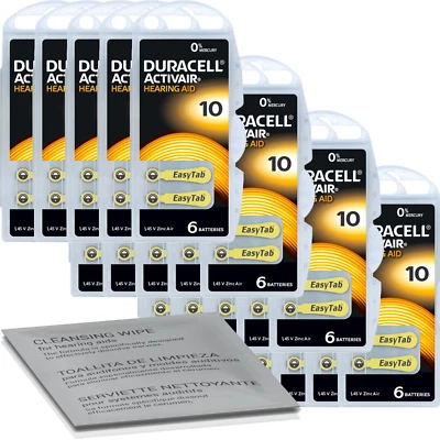 120x Duracell Activair 10 gelb Hörgerätebatterie (20x6er Blister) Reinigungstuch