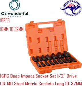 16PC Deep Impact Socket Set 1/2" Drive CR-MO Steel Metric Sockets Long 10-32MM - Picture 1 of 6