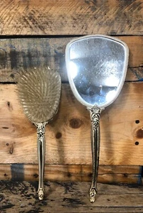 Antique Vintage Mirror and Brush Vanity Set Art Deco Metal Destressed Preowned - Picture 1 of 5