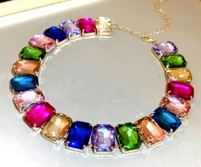 Stunning Square JEWELS Rainbow Colorful CHOKER Betsey Johnson Statement Necklace - Image 1 of 4