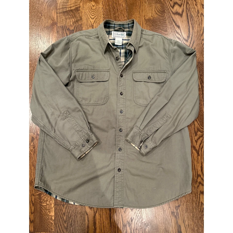 L.L. Bean Vintage Flannel Lined Canvas Shirt Jacket Army Green Men's L Regular - Image 1 of 4