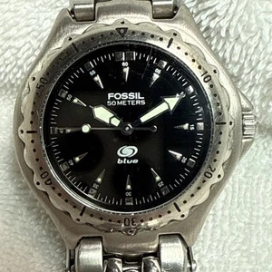 Läuft - Vintage Herren Fossil blau 50 Meter SS Uhr AM3101 schwarzes Zifferblatt SS Stahlband - Bild 1 von 7