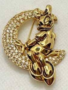 Disney Napier goldfarbene Brosche Gänseblümchen Ente auf der Mondsichel Anstecknadel Vintage - Bild 1 von 9