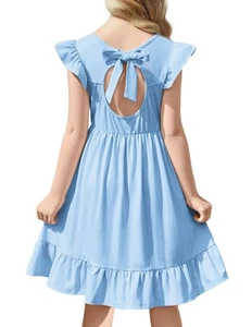 Girls Summer Dress Flutter Sleeve Tied A-Line Dress for 8-9 Yrs Old Light Blue - Picture 1 of 9