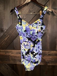 Maxine of Hollywood Tropical Floral One Piece Swimsuit Crossover Skirt Size 10 - Picture 1 of 6