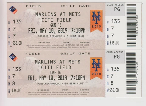 2019 May 10 New York Mets - Marlins TICKET Conforto Rosario Jeff McNeil Home Run Cover