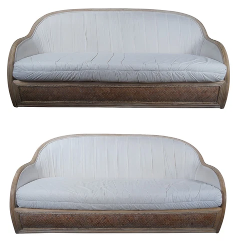 2 Mid Century Modern Bohemian Rattan & Split Reed Barrel Back Sofas Boho Chic Cover