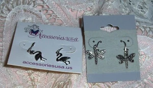 Silver Toned Pierced Earrings Dragonflies Birds Cranes Swan 2 Pairs Jewelry - Picture 1 of 4