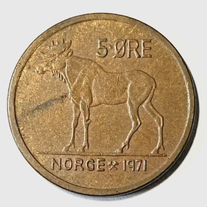1971 Norway 5 ore Coin Moose Bull Animal Wildlife - Picture 1 of 2