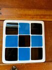White W Black & Blue Squares Fused Art Glass Trivet Or Other Decoration  ? 6 In