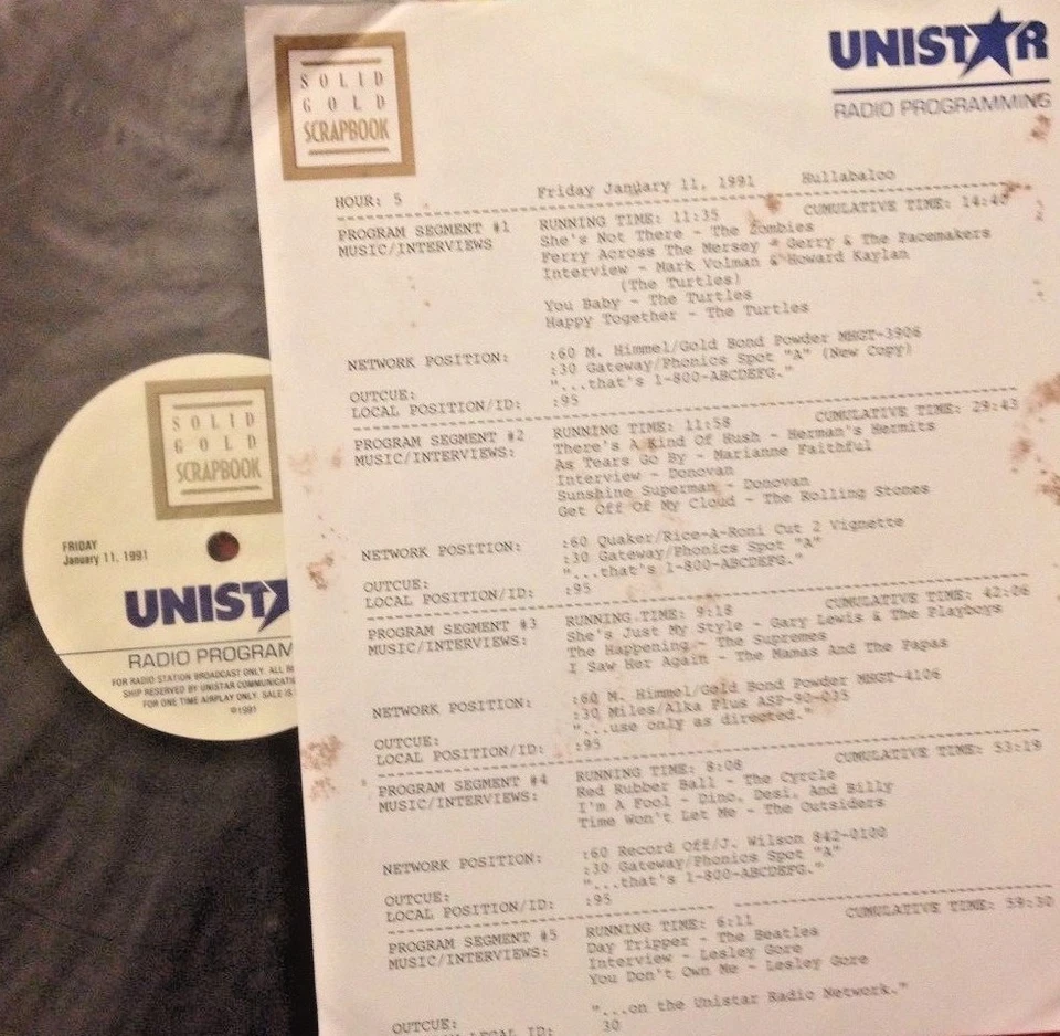 RADIO SHOW 1/11/91 HULLABALOO: CYRKLE, MARIANNE FAITHFUL, DONOVAN,ROLLING STONES - Image 1 of 1