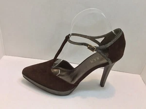 LAUREN by Ralph Lauren Suede Brown/ Silver T-Strap Platform Stilettos 8.5M - Picture 1 of 10