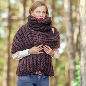 Thick brown fuzzy mohair scarf extra long shawl handknit neck warmer SUPERTANYA - Picture 1 of 6