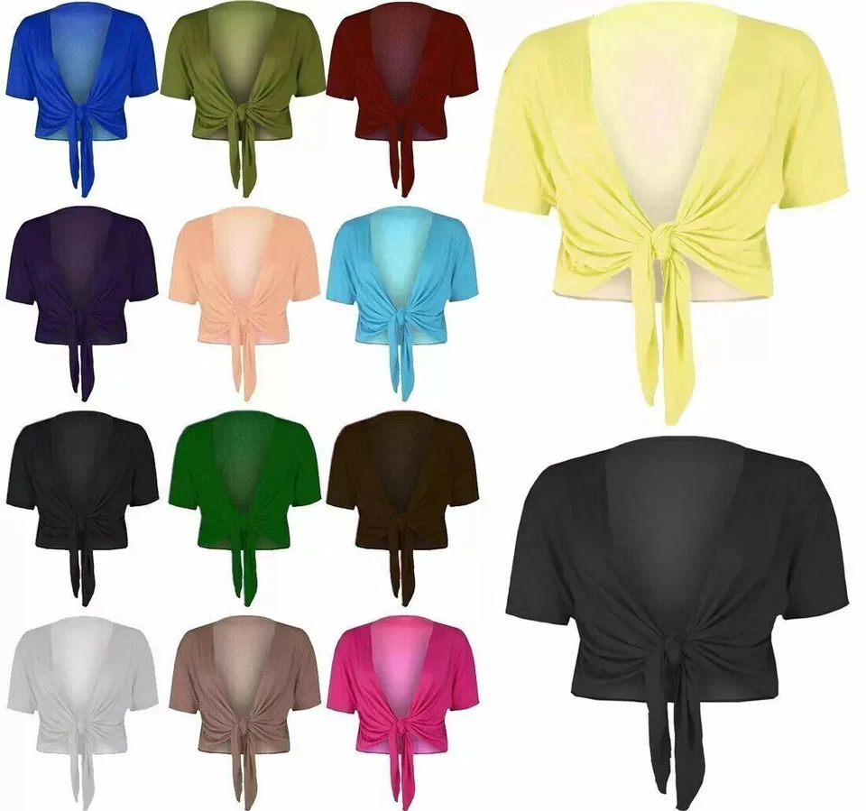 Womens Plain Cap Short Sleeve Tie Up Front Bolero Shrug Cropped Cardigan Top UK - Image 1 of 1