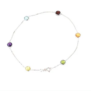 14K White Gold Anklet With Faceted Round Gemstones 10.5 Inches - Picture 1 of 3