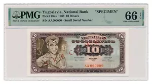 Billete Yugoslavia 10 Dinara 1965 Espécimen PMG MS 66 EPQ Gema Sin Circular - Imagen 1 de 7