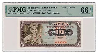 Billete Yugoslavia 10 Dinara 1965 Espécimen PMG MS 66 EPQ Gema Sin Circular Foto 1 de 4