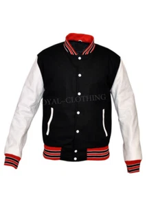 Varsity Letterman Jacke schwarz Wolle und echt weiße Lederärmel roter Besatz - Bild 1 von 3