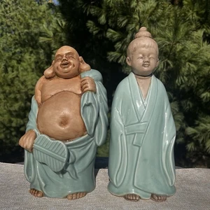 Vintage Buddha che ride Dio Sanxing statuine buddiste verde salvia made in Japan - Foto 1 di 5