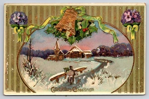 Postal impresa en Alemania con escena de campana e iglesia de felicitación navideña en relieve - Imagen 1 de 2